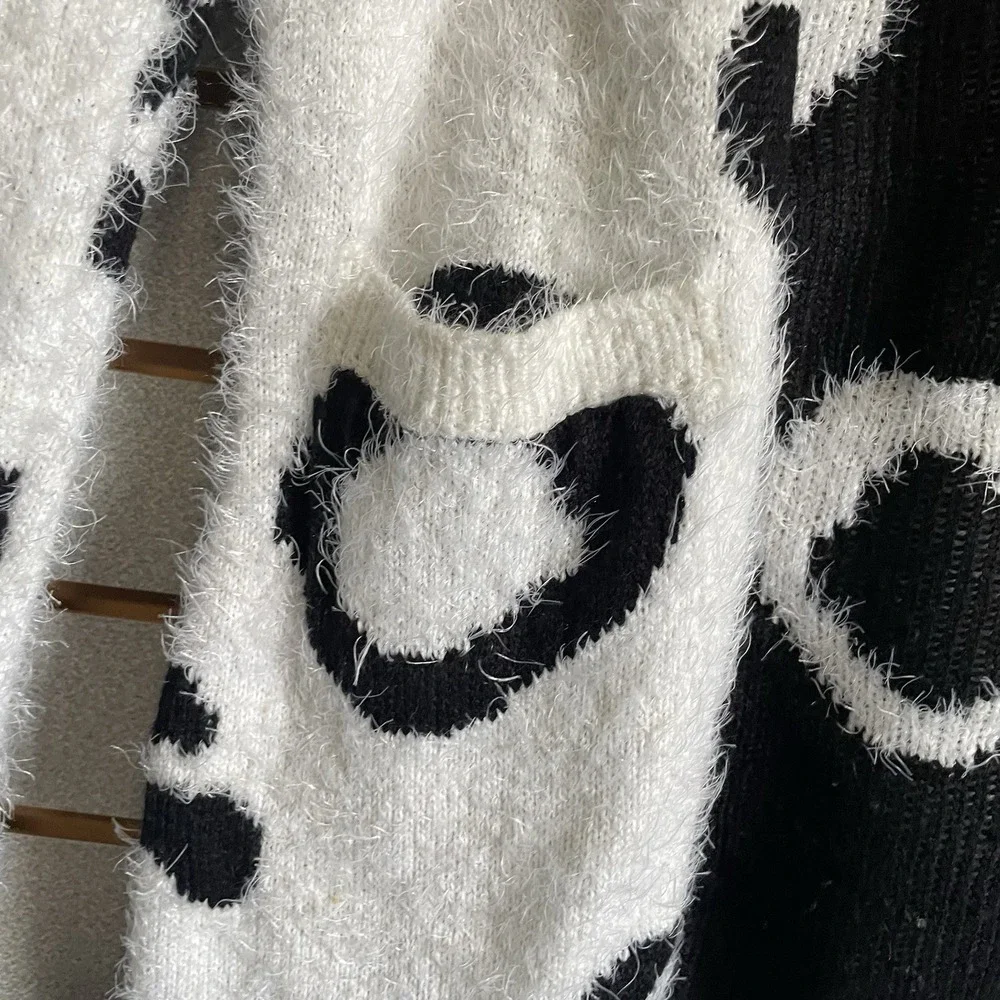 Jess Lea S Black White Cheetah Leopard Open Front Cardigan Pockets Feather Yarn - Picture 2 of 6